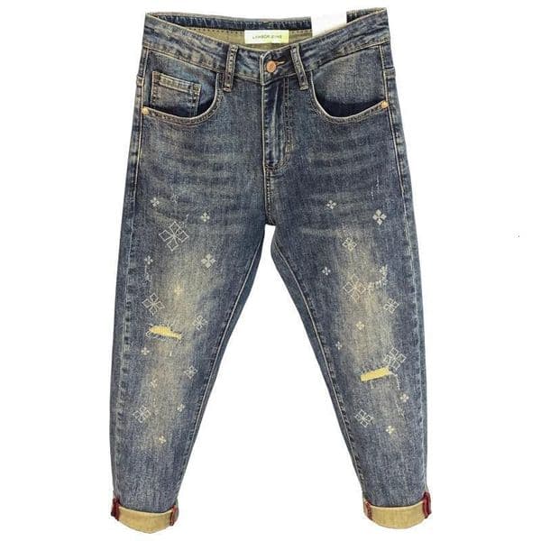 Designer Clothes 2025 New Mens Jeans Spring Summer Slim Fit Skinny Pants Stretch Blue Printed Ripped Brand Cropped Q26003