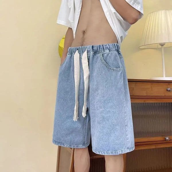 Summer Thin Denim Shorts Mens Hong Kong Style Loose Straight Casual Mid-pants Versatile Wide-leg Five-point Pants Men 260121BJ