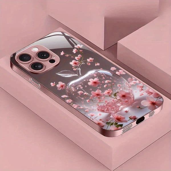 Cherry Blossom For Pattern Pink Metal Paint Tempered Glass Case For iPhone 17 16 15 14 13 12 Pro Max Plus 16E 17Air Cover 260127