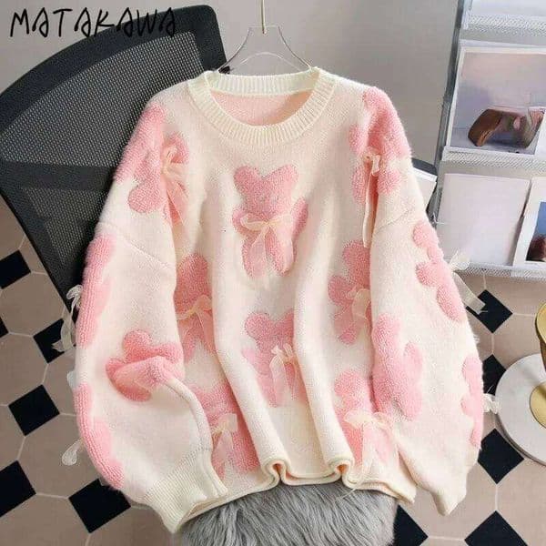 Mardi Hefxessdr Matakawa Cartoon Pink Women Sweaters Bows Autumn Winter Korean Fashion Sweet Pull Femme Kawaii Loose Warm Pullovers