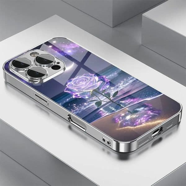 Purple Seaside Rose Pattern Glass Electroplated Phone Case For iPhone 11 12 13 14 15 16 17 Pro Max 14 15 Plus 16E 17 Air Cover 260127