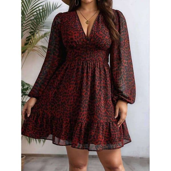 Plus Size 2025 Spring Summer New Women's Sheer Jaguar Printed Double Layers Long Sleeve Dress Polyester Material