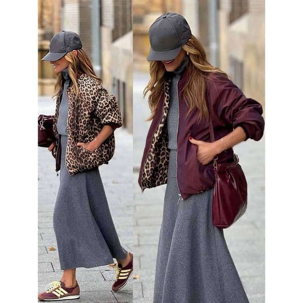 Beautiful Reversible Jacket Baseball Collar With Side Pockets And Zippered Placket Women S Leopard Print Jacket Luxury