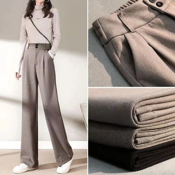 2024 Autumn Winter Women Concise Woolen Pants Lady Wide Leg Outside Trousers Female Thicken High Waisted Draping 260120BANJIA