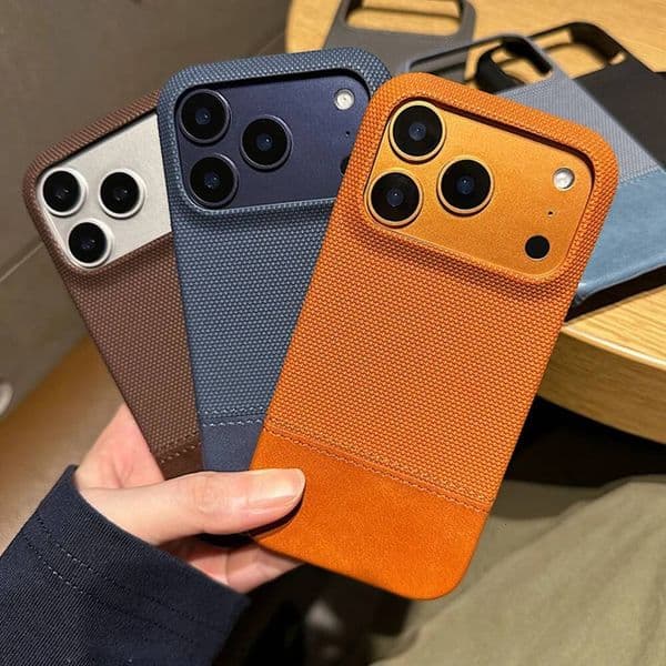 Luxury PU Leather Sew On Nylon Fabric Case For iPhone 17 Air 16 15 14 13 12 Pro Max Plus Frameless Breathable Shockproof Cover