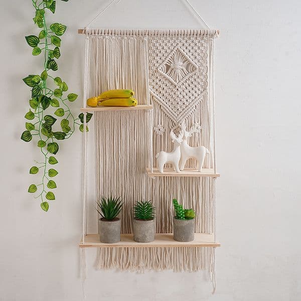 Handmade Macrame Wall Hanging Shelf Three Layers Tier Wood Floating Shelf Tassel Tapestry for Wedding Party Decorations