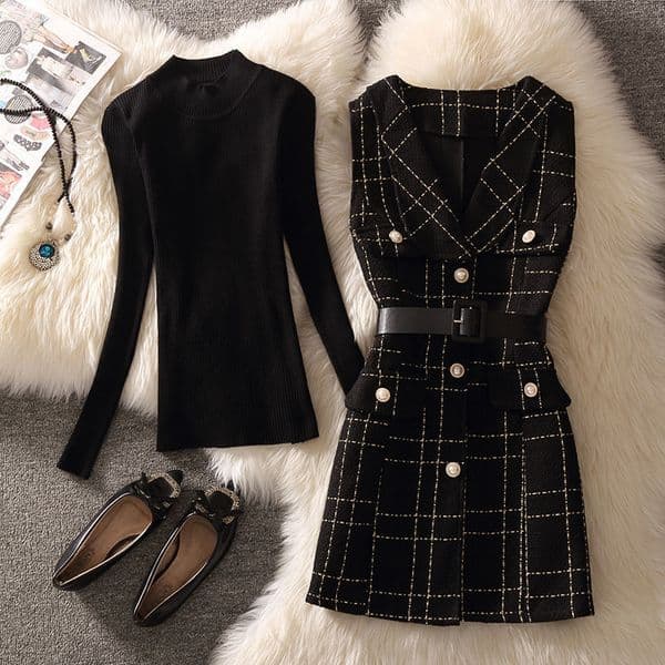Autumn And Winter New Women's Suspender Dress Set Small Fragrance Style Fashionable Sweater Temperament Goddess Style Two-piece Set Matching