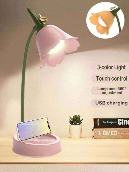 Pink Flower Cute LED Desk Lamp Adjustable Touch Rechargeable Battery Night for Dorm Reading Table Light 26H0127
