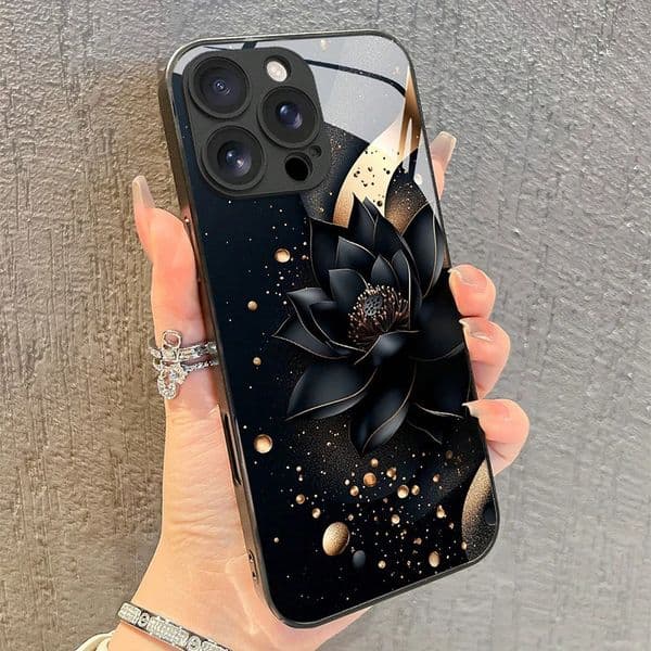 Black Flower Pattern Tempered Glass Phone Case For iPhone 17 16 15 14 13 12 11 Pro Max 17Air 7 8 Plus XR XS X Cover 260127