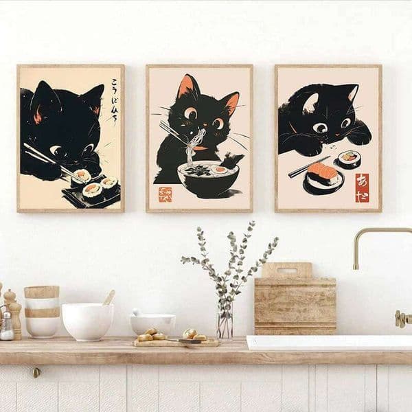 Cute Animal Japanese Sushi Chef Black Cat Vintage Wall Art, HD Canvas Print Poster, Home, Living Room, Kitchen Decoration 26H0127