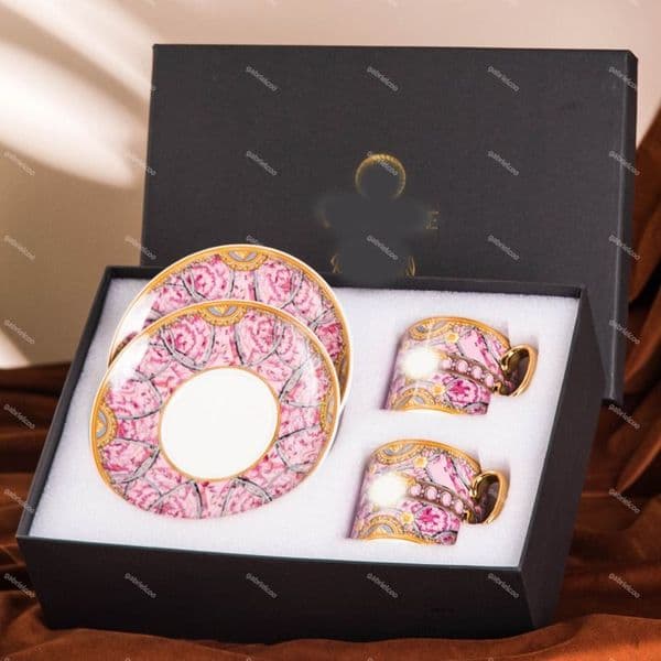 Bone China Gold Mug Set 2 Cup 2 Plate Gift Box Designer Porcelain Coffee Milk Cup Kitchen Utensil Home Dining Essential