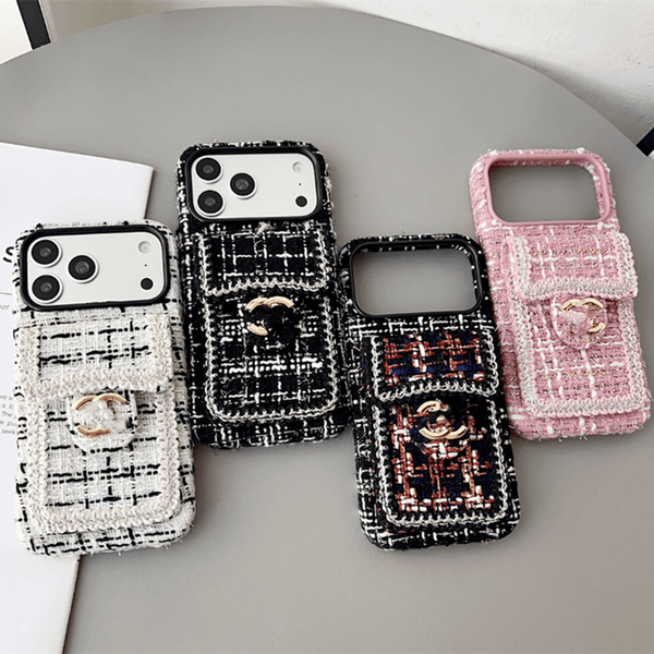 Elegant Fabric Phone Case for iPhone 17 promax Vintage Checkered Design with Card Holder Gold Accent Protective case for 17 16 15