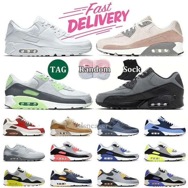 Designer 90 Running Shoes 90s Womens Sneakers Mens Trainers Triple Black White Neon Yellow Cool Grey Olive Thick cushion bottom Sports shoes EU36-47