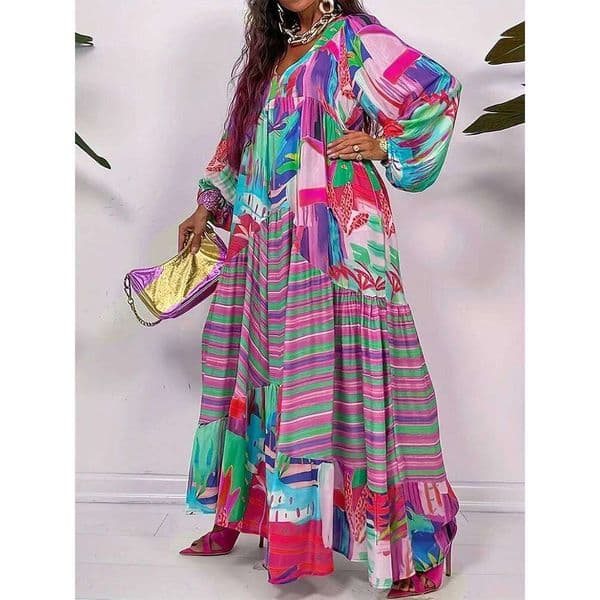 plus Size Women's Casual Dress Long Sleeve V-Neck Irregular Pattern Print Fall Winter New Personalized Apparel