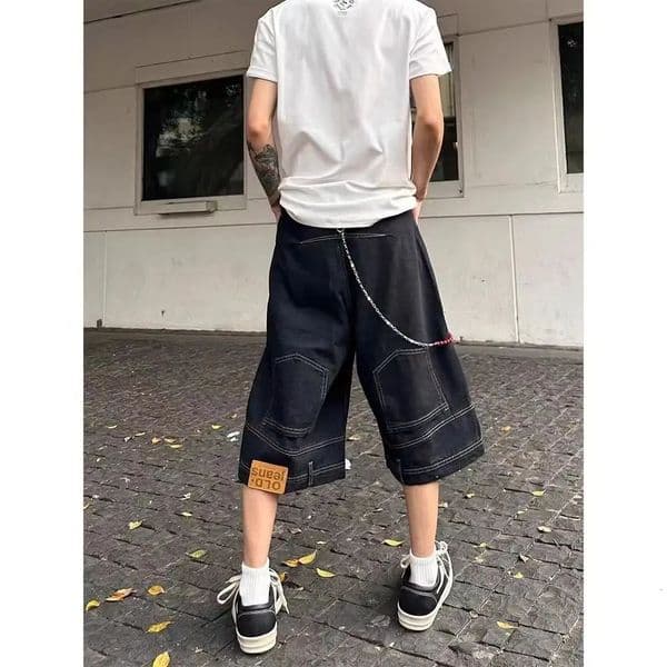 Hip Hop Retro Waist Inverted Men Denim Shorts Instagram Gothic Street Apparel Loose Straight Leg Pants Sports Pants 260122