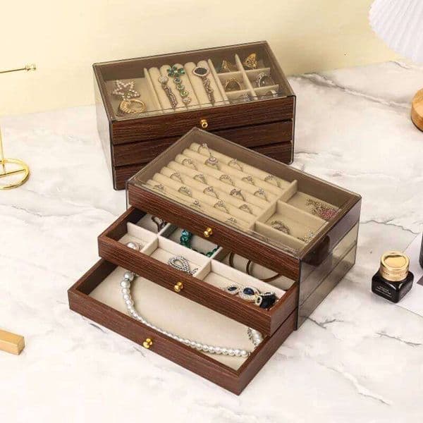 New walnut pattern three-layer drawer ring earrings necklace bracelet jewelry storage box 26H0128