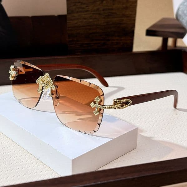Women's Fashion Rimless Cut Edge Square Rhinestone Embellished UV Protection Sunglasses for Outdoor Streetwear and Daily Wear
