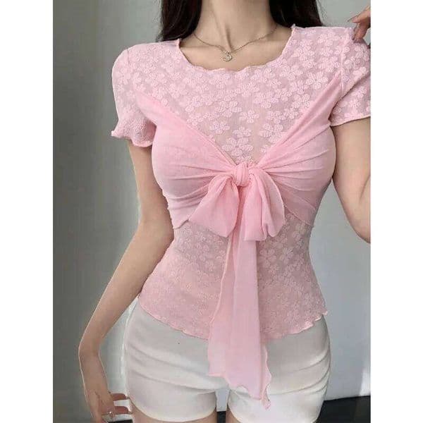 Sexy Lace Tee Women Corset Summer Streetwear Short Sleeve O-Neck Slim Crop Top Solid Fashion Lace-up Casual Basic T-shirt Female