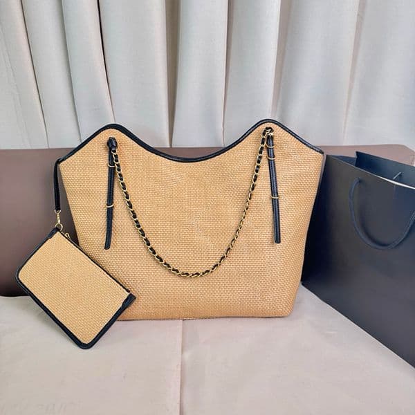 33cm Designer Brand Straw Shopping Tote Shoulder Bags Large Capacity Handbag With Zipper Pouch Women Luxury Jumbo Beach Holiday Sacoche Handbags