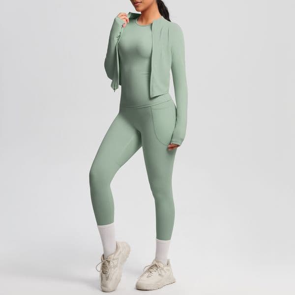 Three pieces of frosted long-sleeved sports zipper jacket casual running hip-lifting and fitness yoga wear A-1579 women set