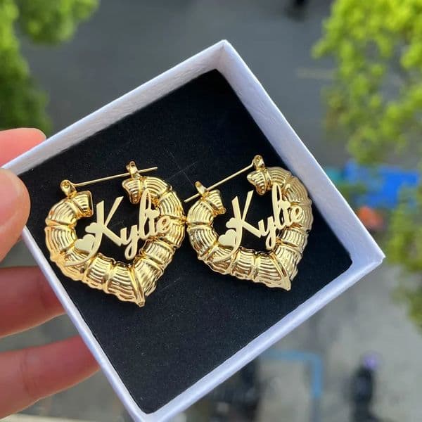 DUOYING Custom Name Earrings With Heart Shape Personalized 30mm Bamboo Hoops Nameplate Earring For Girls Jewelry Gift 260126