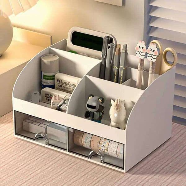 Desktop Box Pen Holder Stationery Cosmetics Lipstick 6 Grids With Drawer Desk Storage Organizer Home Office