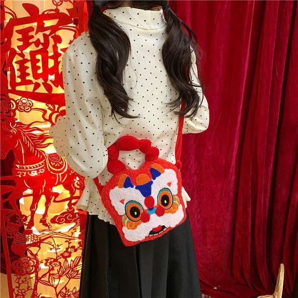2026 New Year Red Lion Dance Knitted Cute Crossbody Small National Trend Handmade Yarn Bag Children's Coin Purse