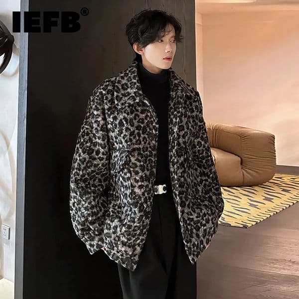 IEFB Leopard Pattern Jacket Men Clothing Chic Lapel Single Breasted Printing Male Woolen Short Coat Autumn Winter 9X1815 260122