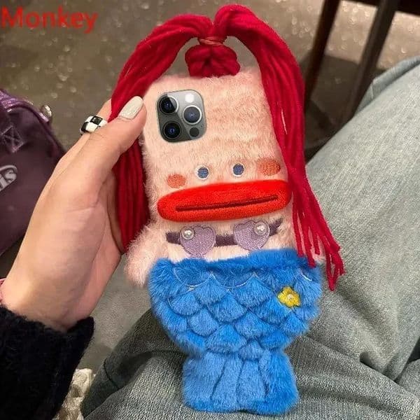 3D Cute Plush Mermaid Girls Gift Phone Cases For iPhone 17 16 15 14 13 Pro Max 12 11 X XR 7 8 Plus Winter Fluffy Hair Soft Cover 260127