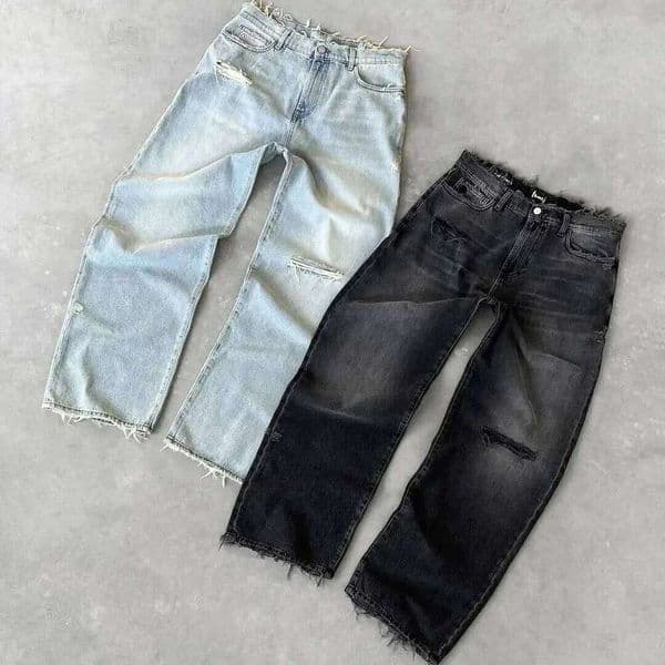 Straight Jeans Distressed Men Jean Ripped Holes Washed Denim Pants Ankle Length Loose Solid Zipper Fly Pockets Casual 2025 C260128