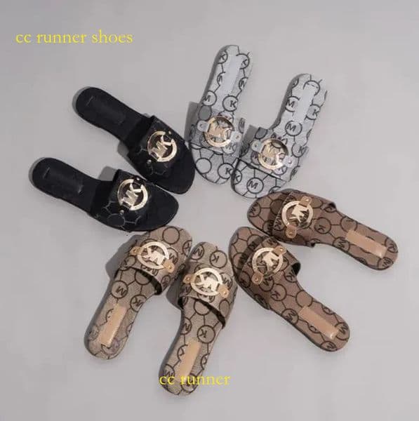 Embroidered Metallic Slide Sandals Designer Slides Women Slippers Fashion Letter Flat Sandal Casual Beach Slipper Flip Flops Female Summer Low Heel Shoes 10A