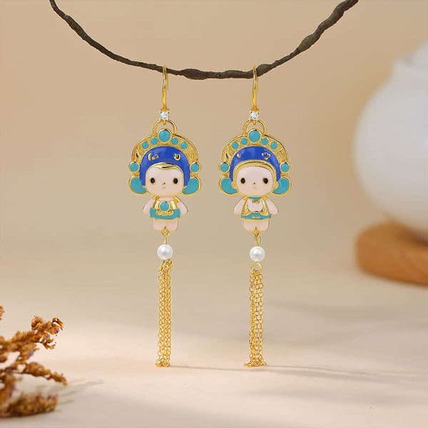 Trend New Chinese Style Needle Gold-Plated Opera Hua Dan Element National Essence Face Mask Creative Earrings Tassel Ear Jewelry for Women