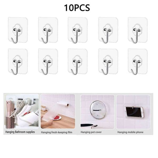 10pcs Transparent Stainless Steel Self-Adhesive Bathroom Towel Clothes Sticker Hook Key Hangers Storage Holder 26Y0128