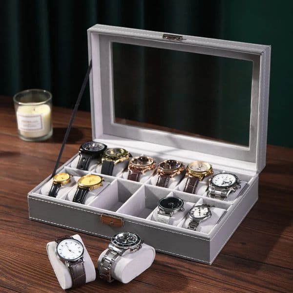 1pc PU leather watch box with lock large capacity storage display transparent cover velvet lining 260127