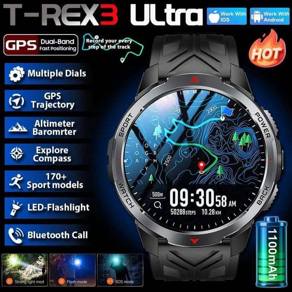 2026 New T-REX3 1100mAh Battery SmartWatch 10ATM Waterproof GPS Bluetooth call 1.7" AMOLED HD Sports Flashlight Smart Watch Men X260128