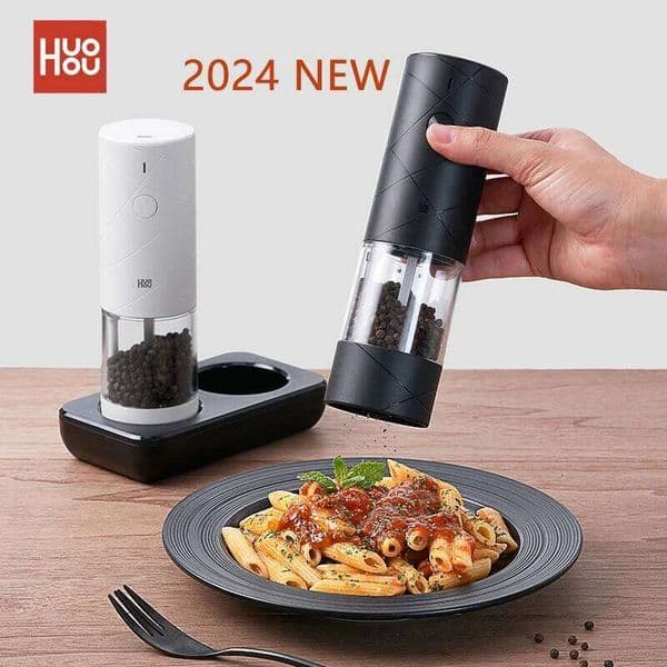 2024 NEW Huohou Electric Grinder Pepper Seasonings Spices Grain Mill Salt Shaker LED Light 6 Modes Kitchen Cooking Tool 2pcs Set 26L0128