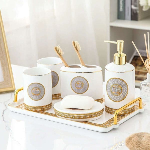 Light Luxury Gold-Edged Bone China Bathroom For Home, Hotel, And Homestay, European Style Cup, Toothbrush Holder, Wash Set B2