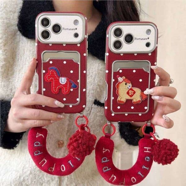 Fashionable New Year red polka dot embroidery horse belt lanyard suitable for iPhone 17 16 15 14 13 Promax phone case