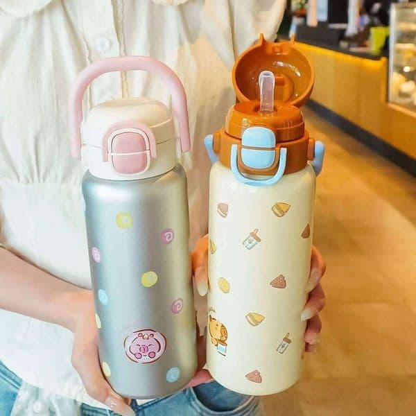 Cartoon Cute capibara Double Drink Lid Children's Straw Bottle Students Stainless Steel Vacuum Flask School Water Cup C260128