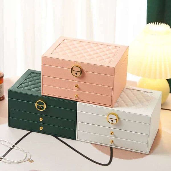 Rhombic three-layer drawer-type lock necklace ring ear storage jewelry box 26H0128