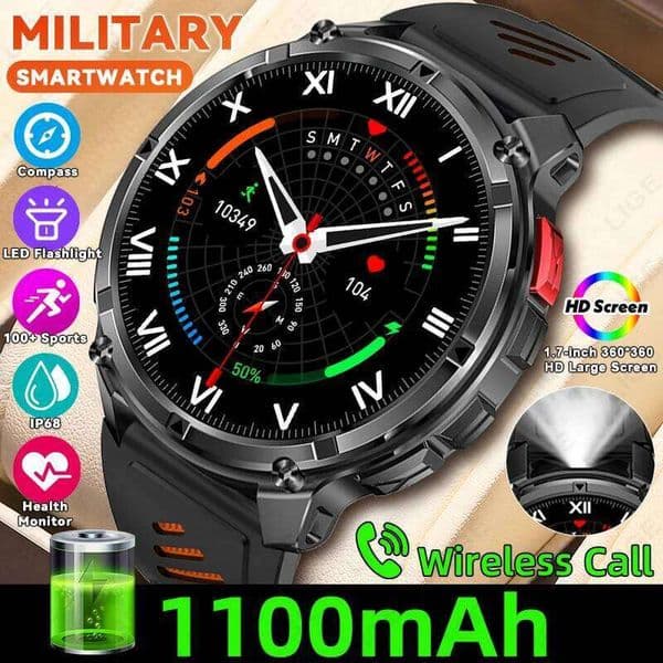 LIGE 1100mAh Super Capacity Battery Smart Watch Military Compass LED Flashlight Men Voice Call Heart Rate IP68 Sport Watches Man X260128