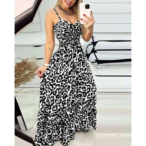 2026 Leopard Print Strapless V-Neck Sexy, Elegant, and Fashionable Long Women's Casual Resort Dress