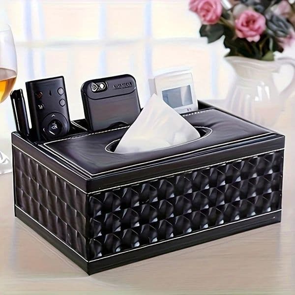 Elegant Faux Leather Tissue Box Cover with Remote Holder - Stylish Living Room Decor Desktop Storage Organizer 260120BJ