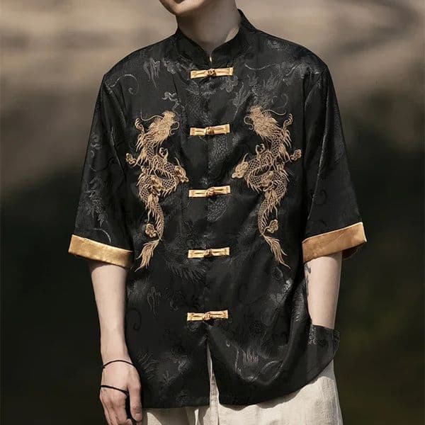 High Quality Summer Chinese Traditional Dress Dragon Embroidery Shirt Men Clothing Ice Silk Half Sleeve Vintage Tops Plus Size 260129BJ