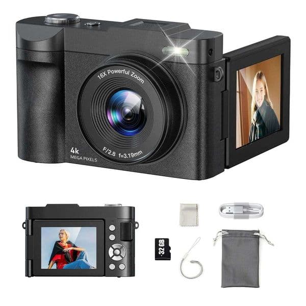 4K Digital Photography Autofocus 16x Zoom with 32GB Card 2.8" 180Flip Compact Travel Camera for Teen 26L0129