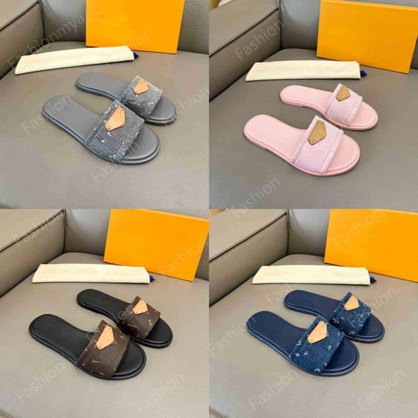 Lily Flat Sandal Women Slippers Designer Sandal Cherry Slippers Pink Denim Sandal Summer Leather Mules Beach Flip Flops Size 35-42