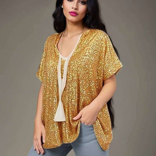 Retro New Sequins Ladies Elegant Short Sleeve Fashion V-Neck Loose Casual Women's Pullover Shirt