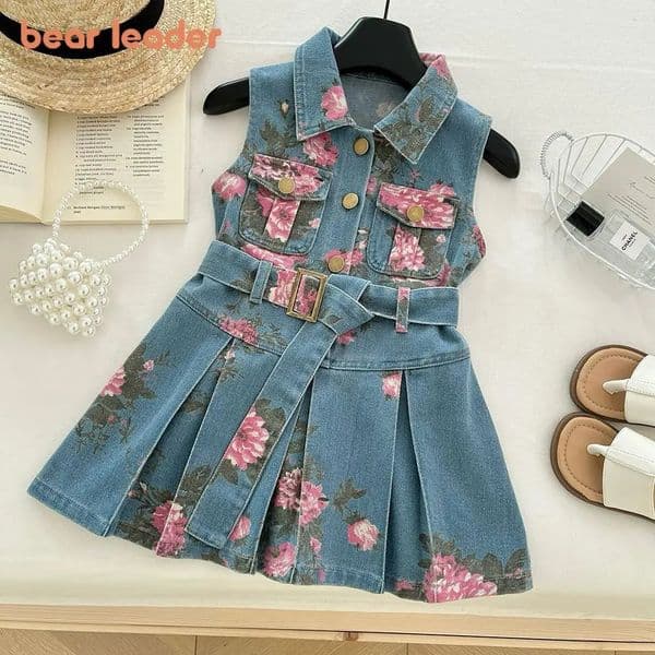 Bear Leader Summer Korean Version Girls Clothes Lapel and Sleeveless Printed Denim Belt Dress Casual Easter toddler dresses 260126BJ