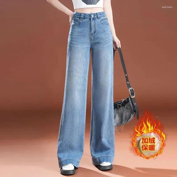 Women's Jeans 2026 Autumn Winter Retro Wide-leg For Women With High Waist Slim Loose Pear-shaped Body Plus Velvet Straight-leg Pants