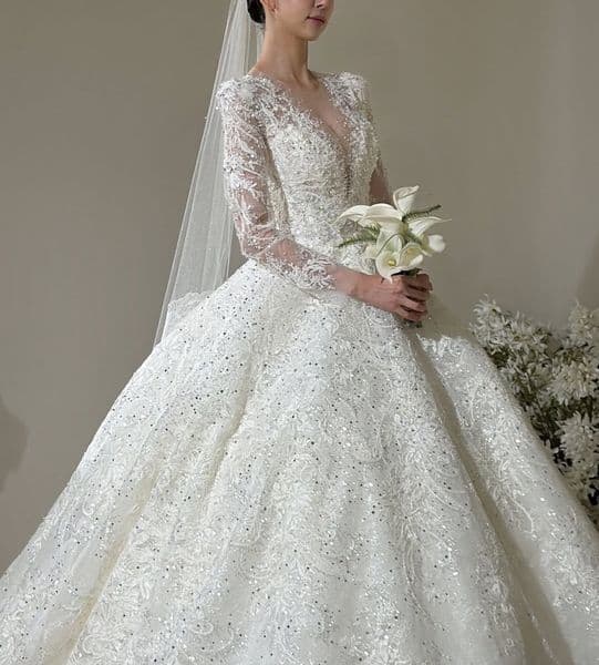 Exquisite Wedding Dress V-Neck Long Sleeves Beaded Crystal Sequins Ball Gown Bride Gown Court Train Customized Vestido De Novia